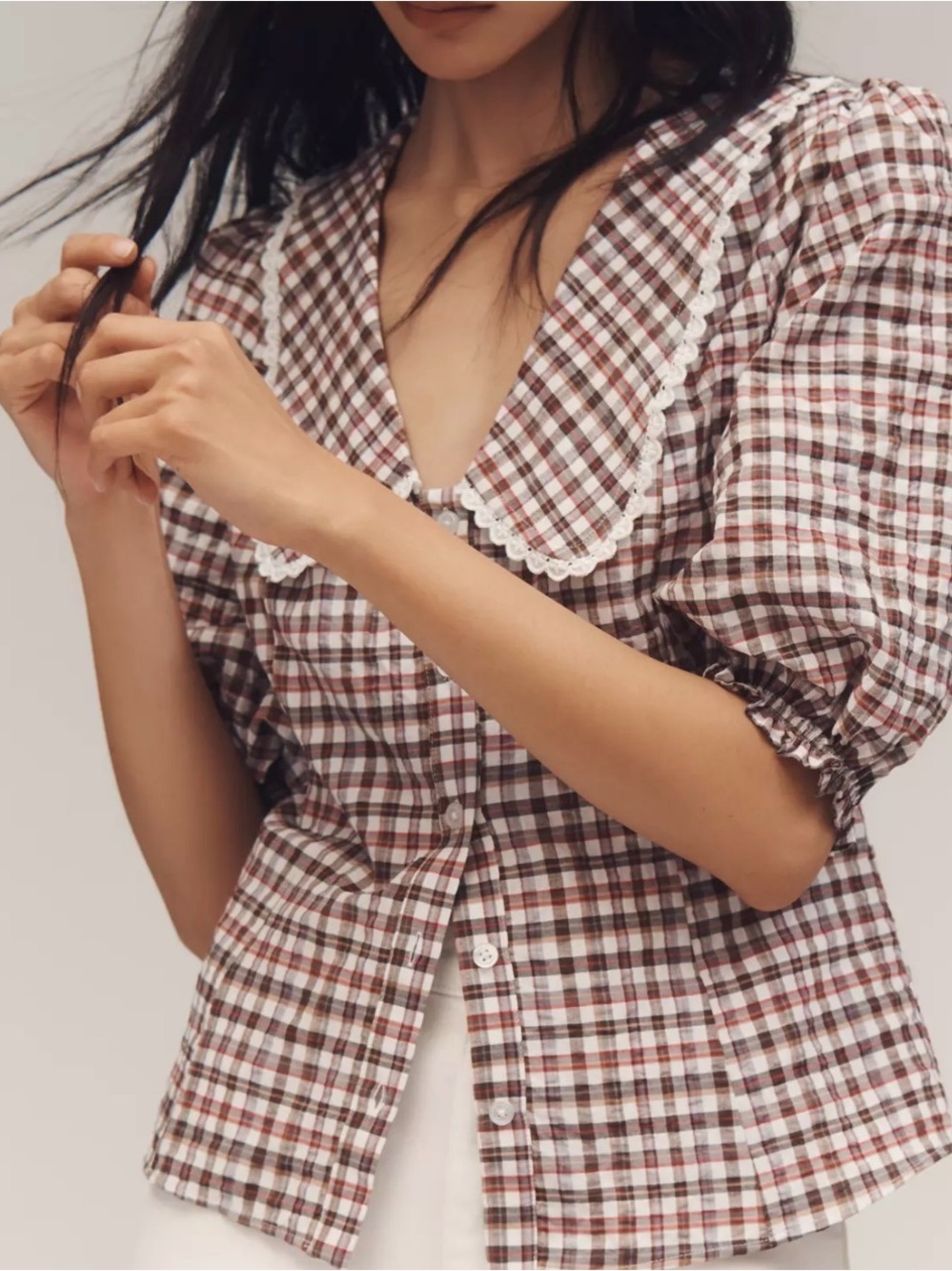Anthropologie Brown and White Plaid Puff-Sleeve Button Top with Lace Collar